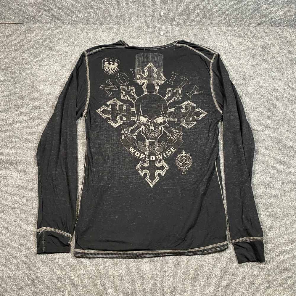 Nobility Mens XL Black Graphic Henley Long Sleeve Shirt Skull Biker Motors 1942